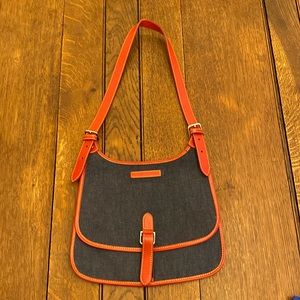 Dooney & Bourke Blue Denim, Red Leather Trimmed Sling Shoulder Bag Purse